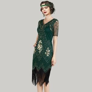 1920s Art Deco Fringed Sequin Dress 20s Flapper Gatsby Costume Green Gold size M